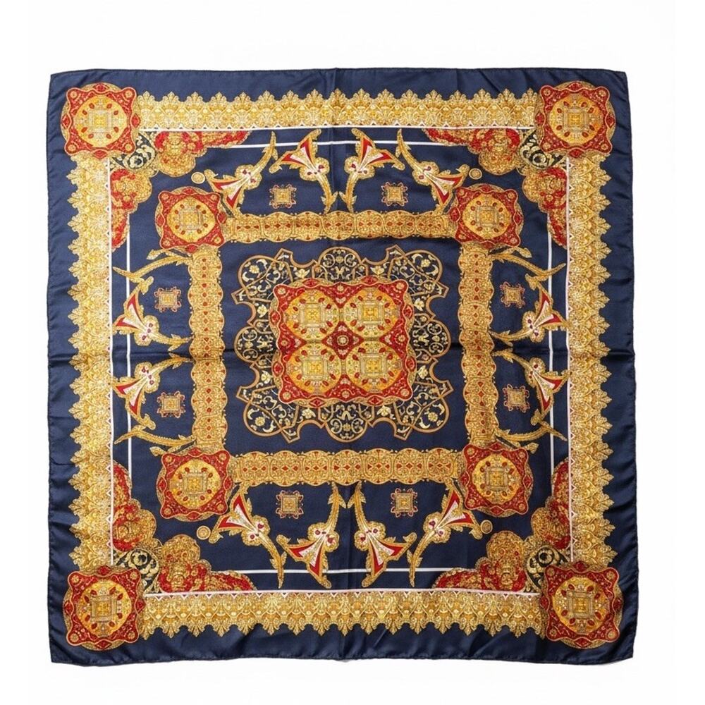 VTG Lucky 100% Silk Scarf Large Baroque Medallion Blue Gold Satin Stripe Border - Picture 14 of 16